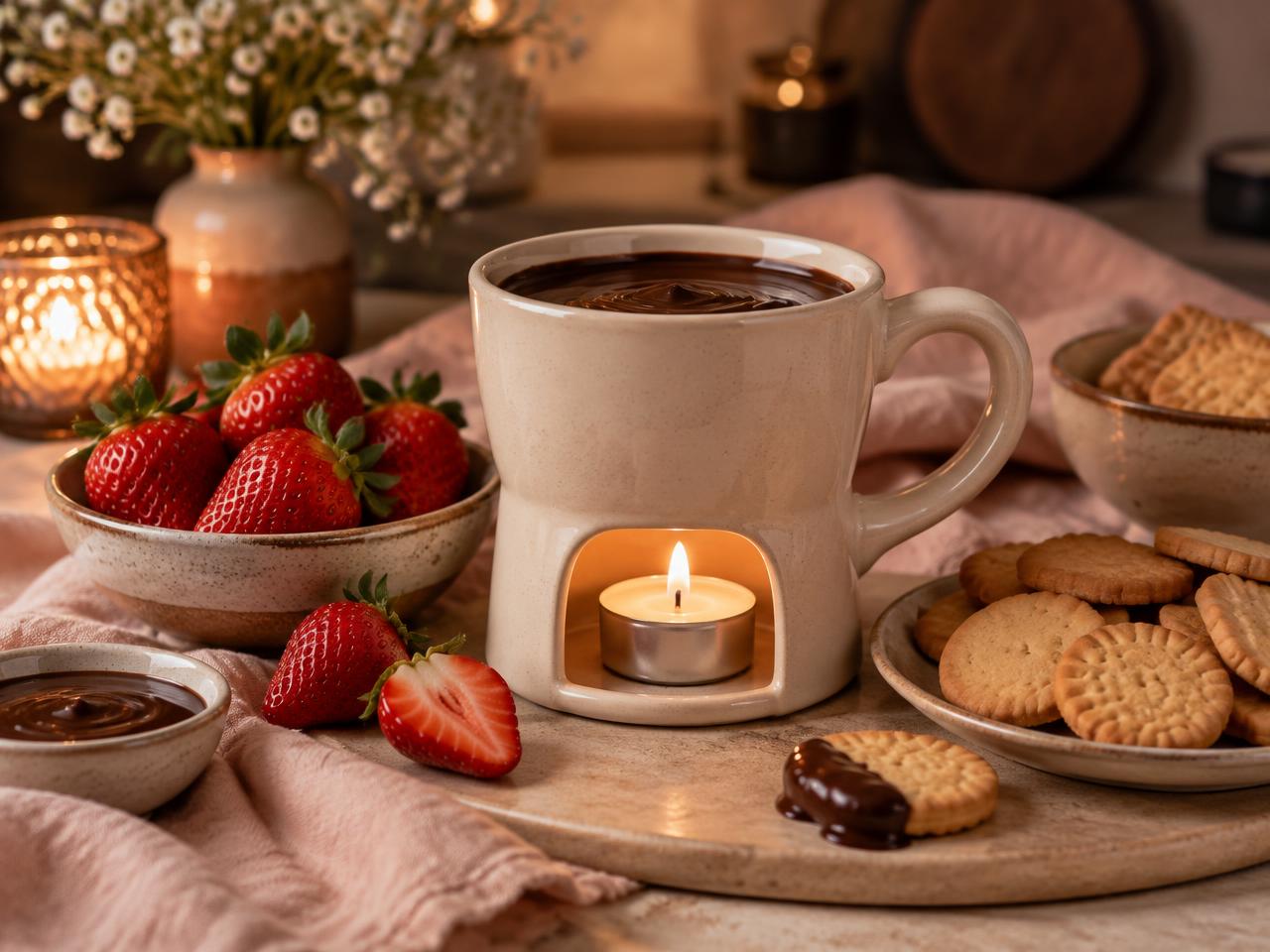Keramický čokoládový fondue hrnek se svíčkou, jahodami a sušenkami