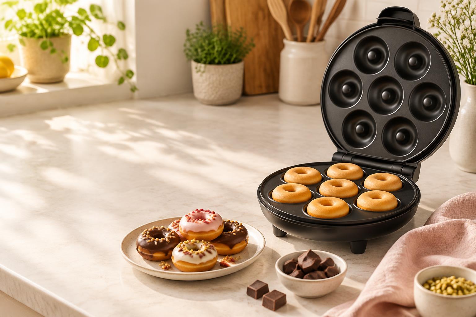 Černý mini donutovač s čerstvými donuty v prosluněné kuchyni